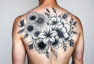 Half sleeve of Dark gothic florals with daisies, poppies,  white narcissus, sweet peas and gladiolus tattoo idea
