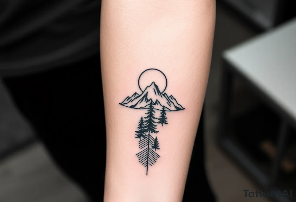 Mountains sun sea trees on an arrow like design that runs up the forearm from the wrist to the elbow tattoo idea