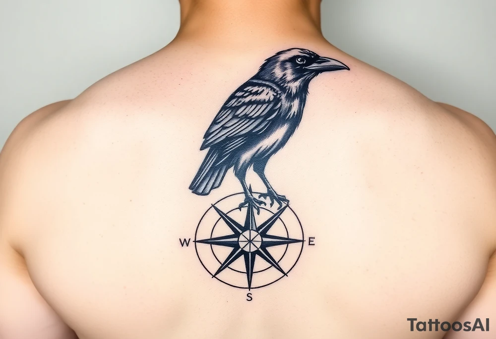 a raven stands on a compass. tattoo idea