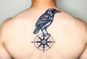a raven stands on a compass. tattoo idea