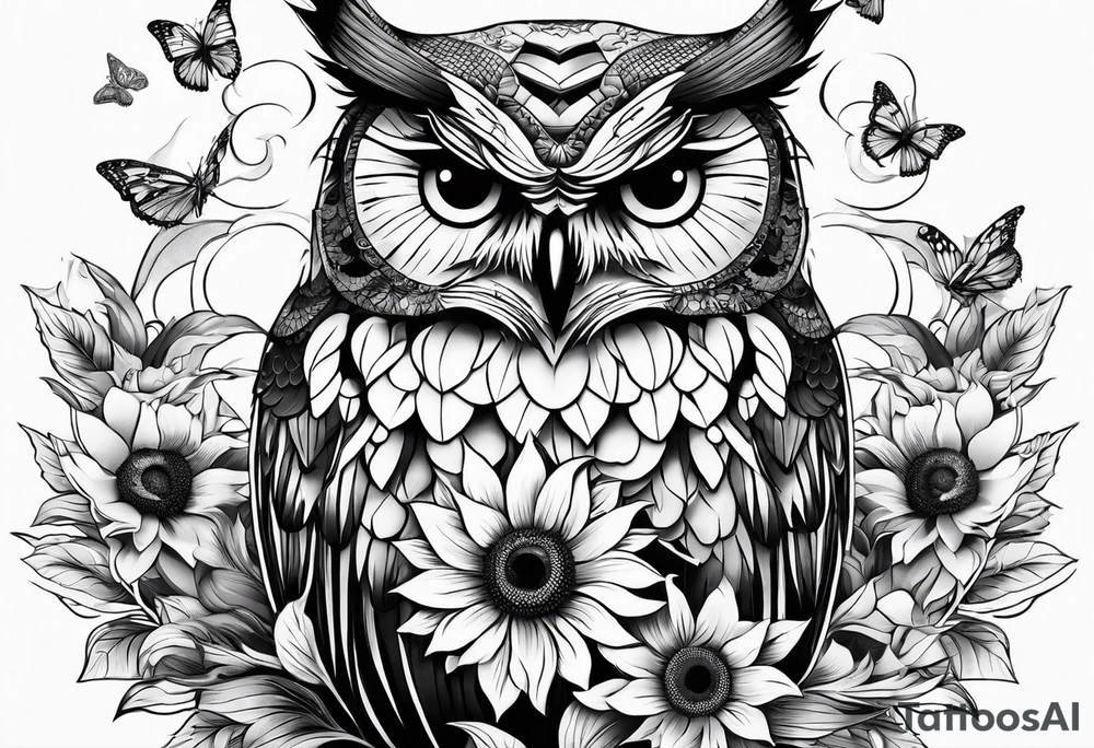 Sleeve with an owl, sunflower and butterfly tattoo idea