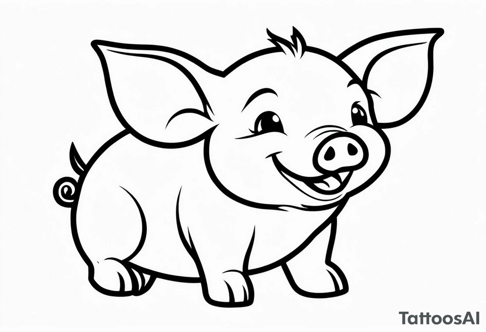 very cute chubby happy piglet.
outline only.
black and white only.
only show the piglet. no extra lines or decoration.
no black shading.
dont make the ears too big.
draw very thin lines tattoo idea