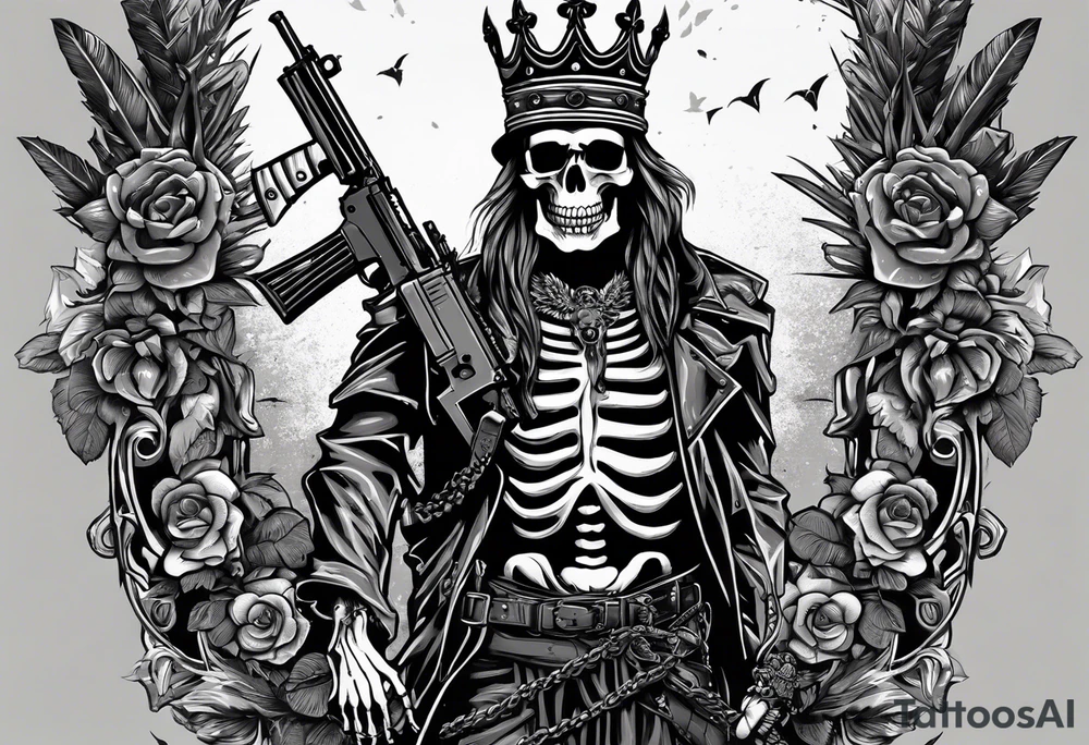 image of a skeleton standing frontally with a crown on his head, holding an AK-47 on his shoulder with his right hand. The chain on the left should be taut, there are three angry barking Dobermans in it, near the waist tattoo idea