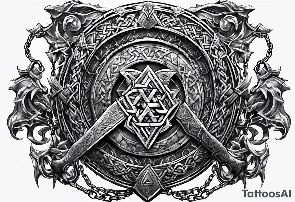 Valhalla sword shield  axe Valknut barbed wire chains tattoo idea