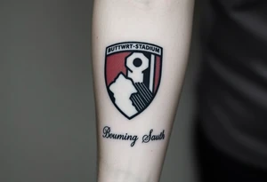 An afc Bournemouth badge fading into the top of the vitality stadium with writing of afc Bournemouth’s journey to the premier league and Steve fletcher celebrating tattoo idea