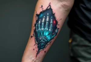 A tattoo of torn-away skin revealing biomech tendons in shimmering teal and plated titanium knuckles. tattoo idea