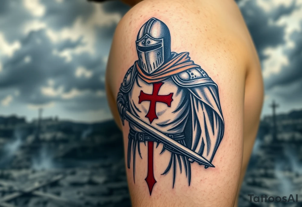 A fierce Templar knight in full armor, gripping a longsword, with a red cross emblazoned on his white tunic, standing against a stormy battlefield. tattoo idea