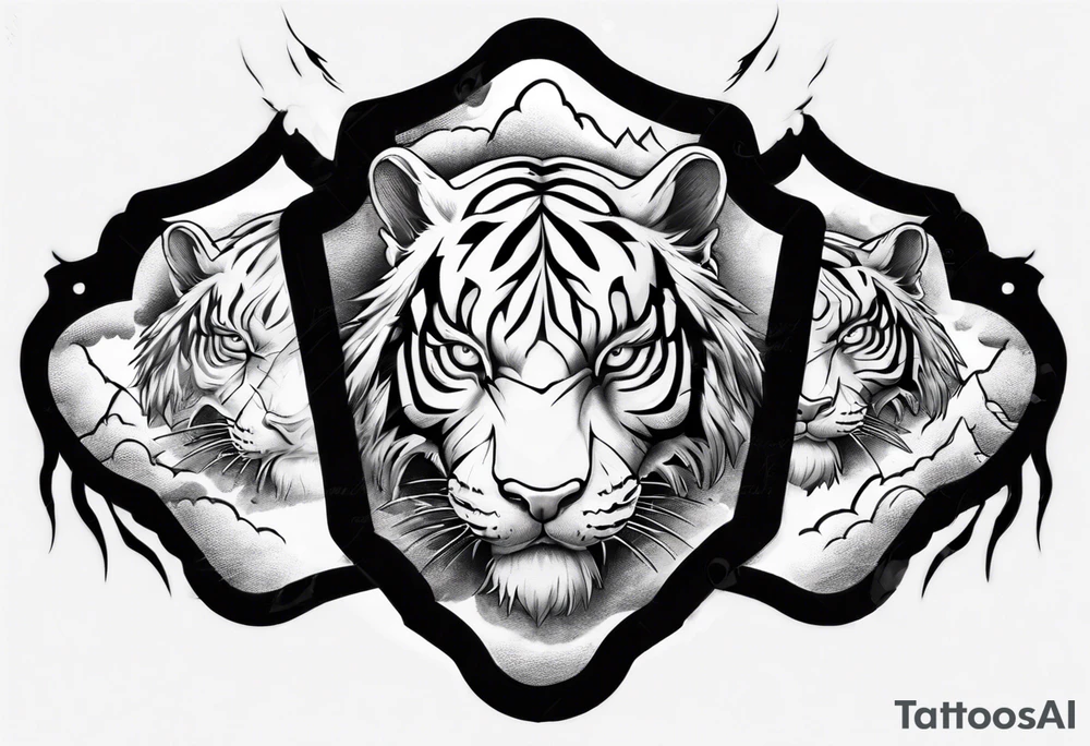 A mythical tiger forearm sleeve tattoo, with lightning and clouds filling the area tattoo idea