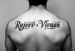 Merge Rajeev and Vivaan names together on top of each other so that one side reads as Rajeev  and another side as vivaan tattoo idea