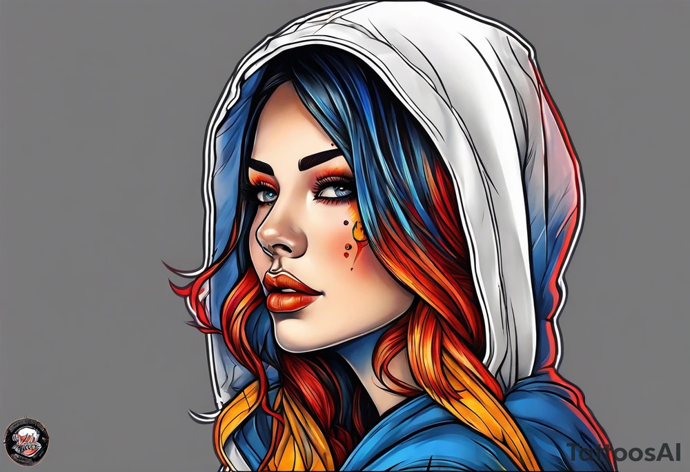 Neo traditional Orange yellow red blue hooded woman blood scars tattoo idea