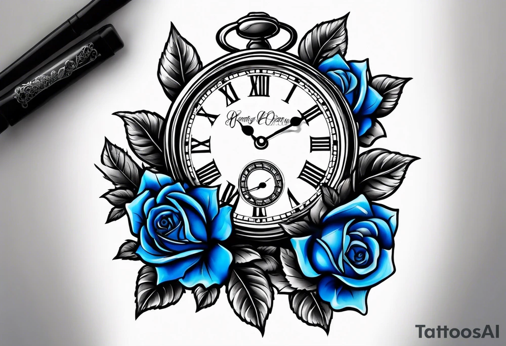 Pocket clock with blue roses tattoo idea