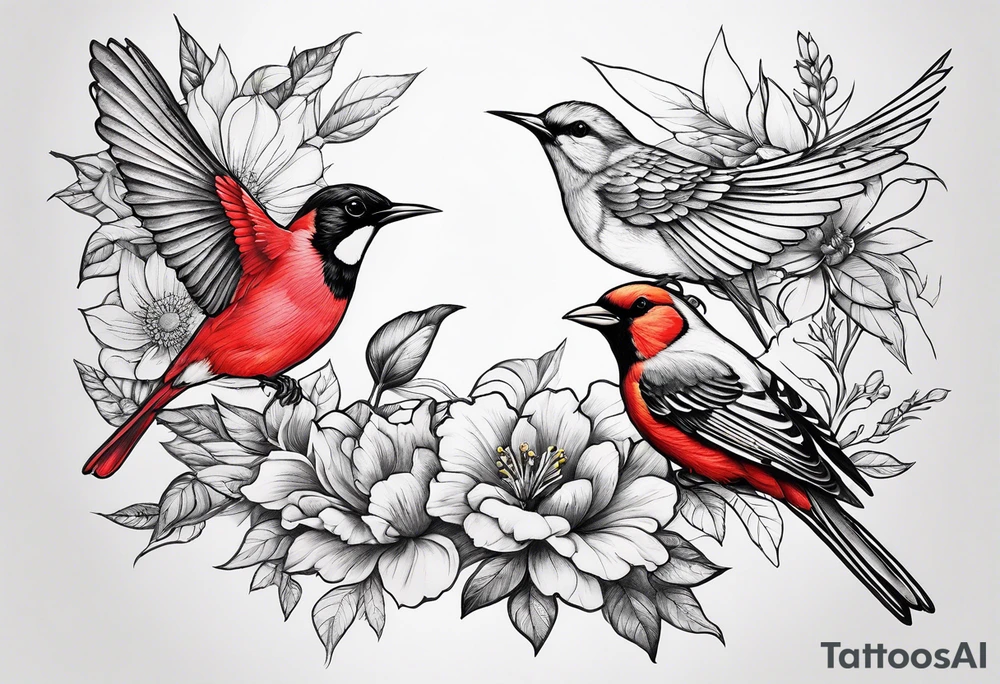 A flower garden with three birds one red cardinal one green and red breasted humming bird and one yellow finch tattoo idea