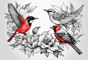 A flower garden with three birds one red cardinal one green and red breasted humming bird and one yellow finch tattoo idea