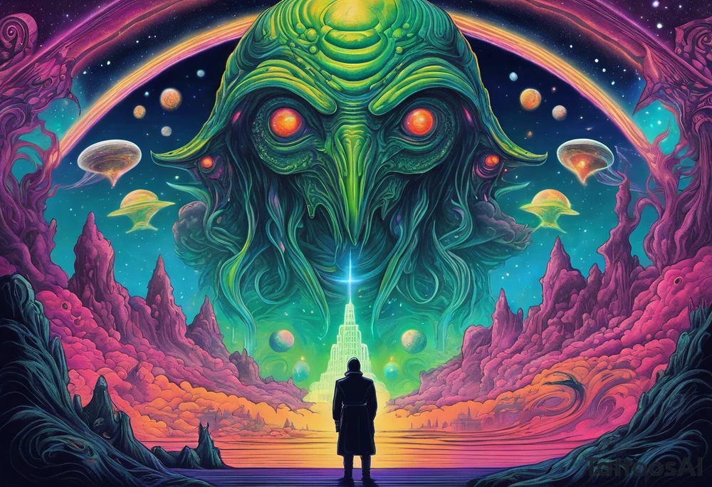 Full Back, synthwave, colossal Alien entities and space stuff, small human on The foreground in awe of The sheer scale of The infinite universe, More absurdist Aliens, Cthulhu-esque Alien pope, More spaceships tattoo idea