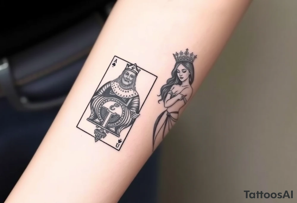 King's card as an old warrior and queen's card as a beautiful woman, more realistic tattoo idea