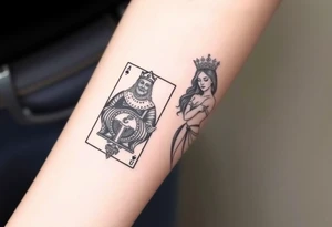 King's card as an old warrior and queen's card as a beautiful woman, more realistic tattoo idea