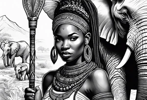 African woman warrior with tribe scars and spear in hand with elephants in background tattoo idea