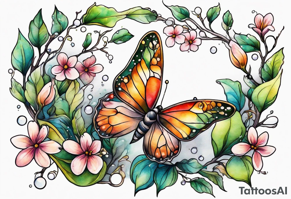 Winding branches and leaves and tiny flowers with a small moth and bubbles tattoo idea