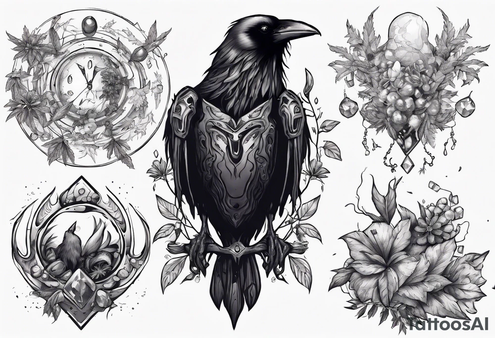 Demon Raven surrounded gems poisonous plants and astrology. tattoo idea