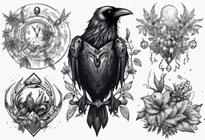 Demon Raven surrounded gems poisonous plants and astrology. tattoo idea