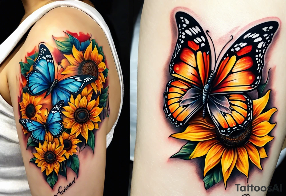 Half butterfly half sunflower tattoo idea