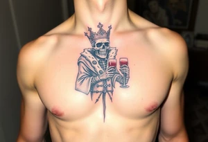 evil skeleton king in clothes having a good time getting drunk tattoo idea