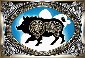 Side profile, Celtic, tribal, wild boar, On a Chatwin family crest with blue background, two gold stars, and a gold Chevron, and a Thistle. With bold black tribal lines. ancient Celtic, tribal boar tattoo idea