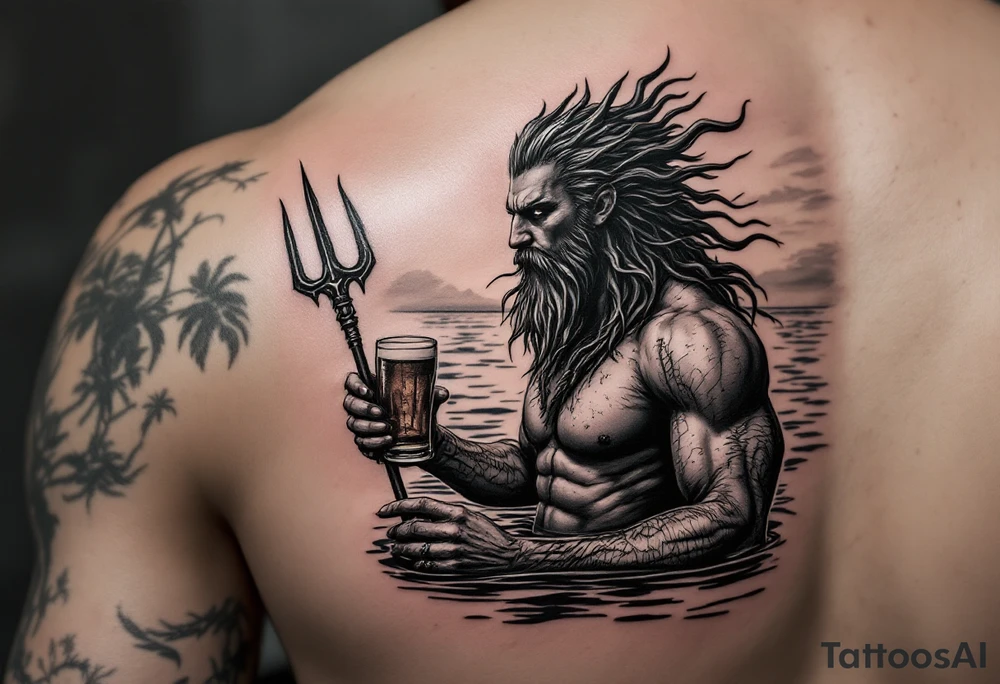 young, fit poseidon in calm water, holding a trident, drinking a beer, with sunset tattoo idea