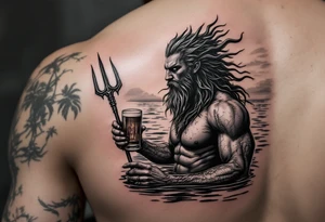 young, fit poseidon in calm water, holding a trident, drinking a beer, with sunset tattoo idea
