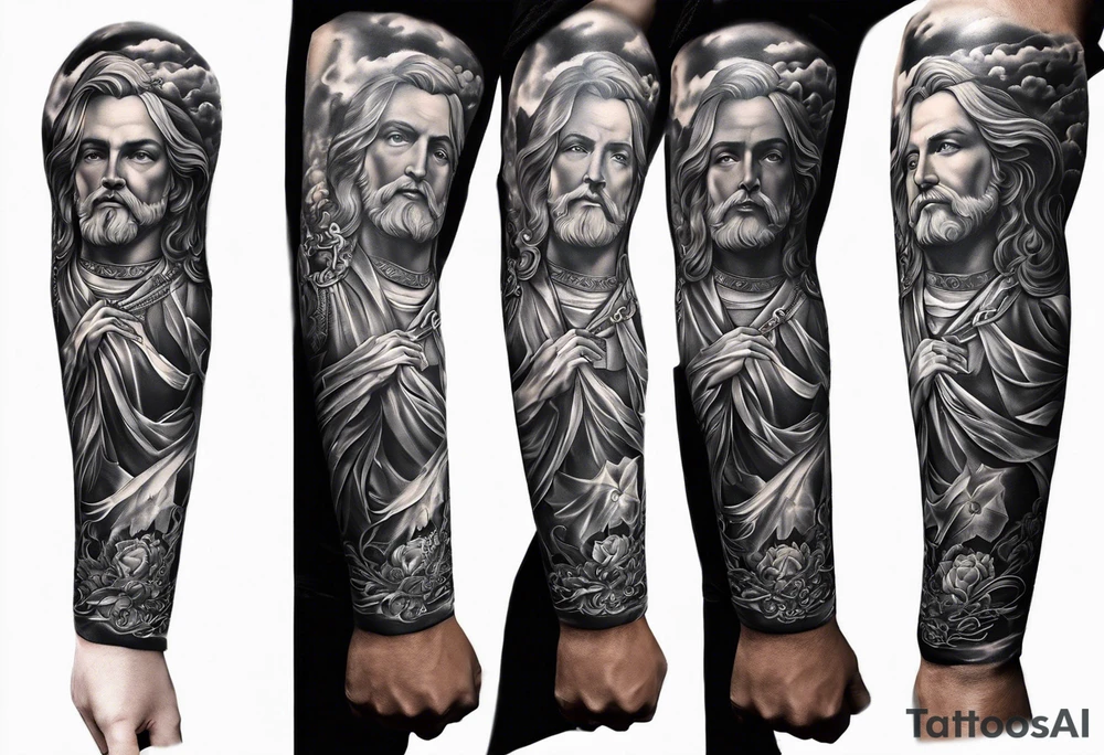 Forearm sleeve that is christian detailed and has saints make the tattoo have clouds as shading to connect it tattoo idea