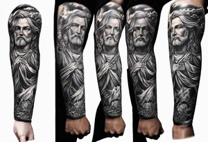 Forearm sleeve that is christian detailed and has saints make the tattoo have clouds as shading to connect it tattoo idea