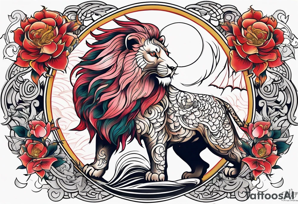 Lion phoenix rose moon tattoo idea