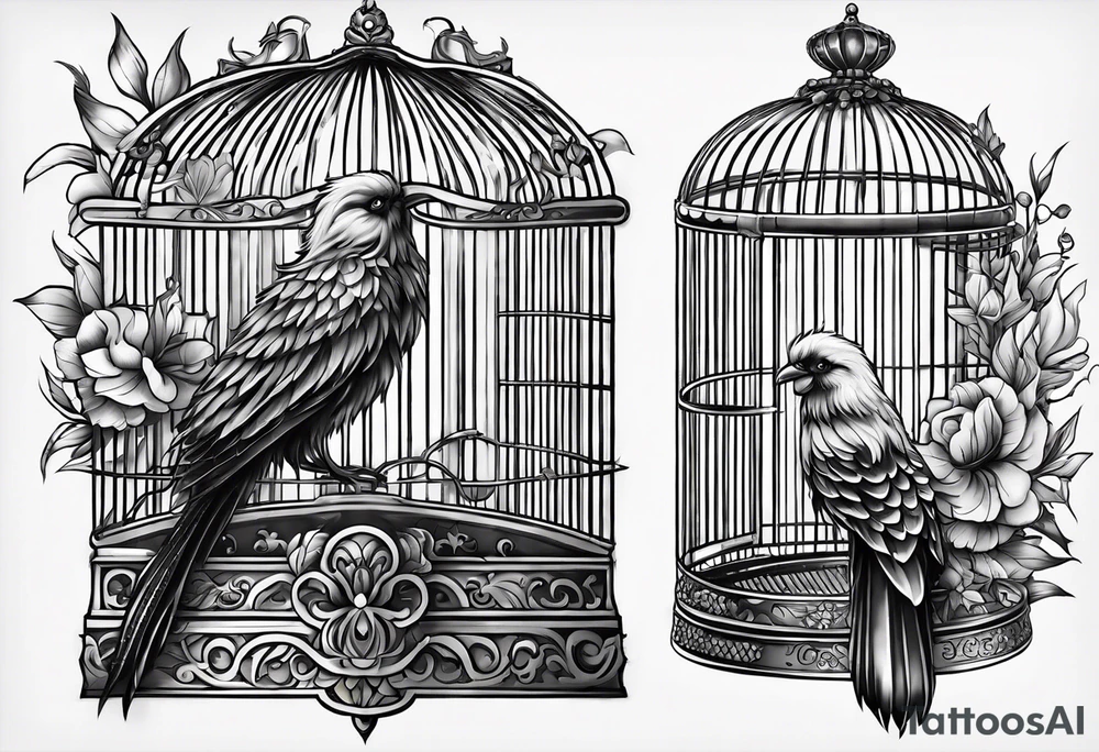 neo traditional decoration only on the left side, on the top of a long bird cage with a too big bird in it. tattoo idea