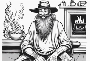 a marshwiggle with a long grey beard wearing a tunic and a floppy hat sitting on a bench by a fireplace drinking from a wood cup, smiling tattoo idea