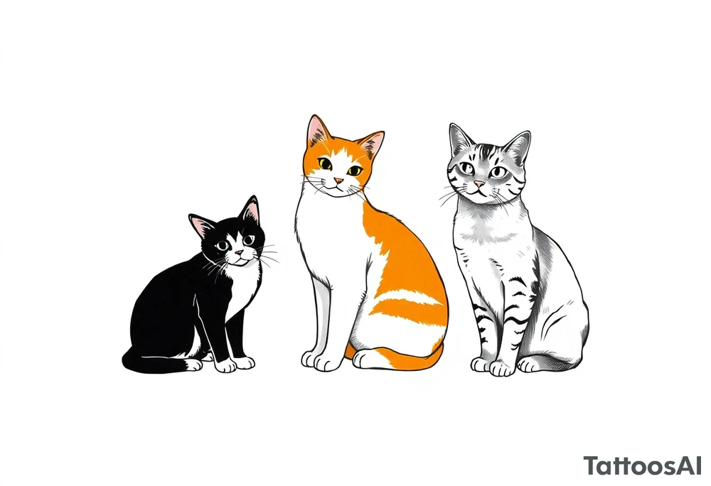 three cats, one black and white cat, one orange and white cat and one grey tabby cat tattoo idea