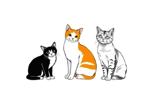 three cats, one black and white cat, one orange and white cat and one grey tabby cat tattoo idea