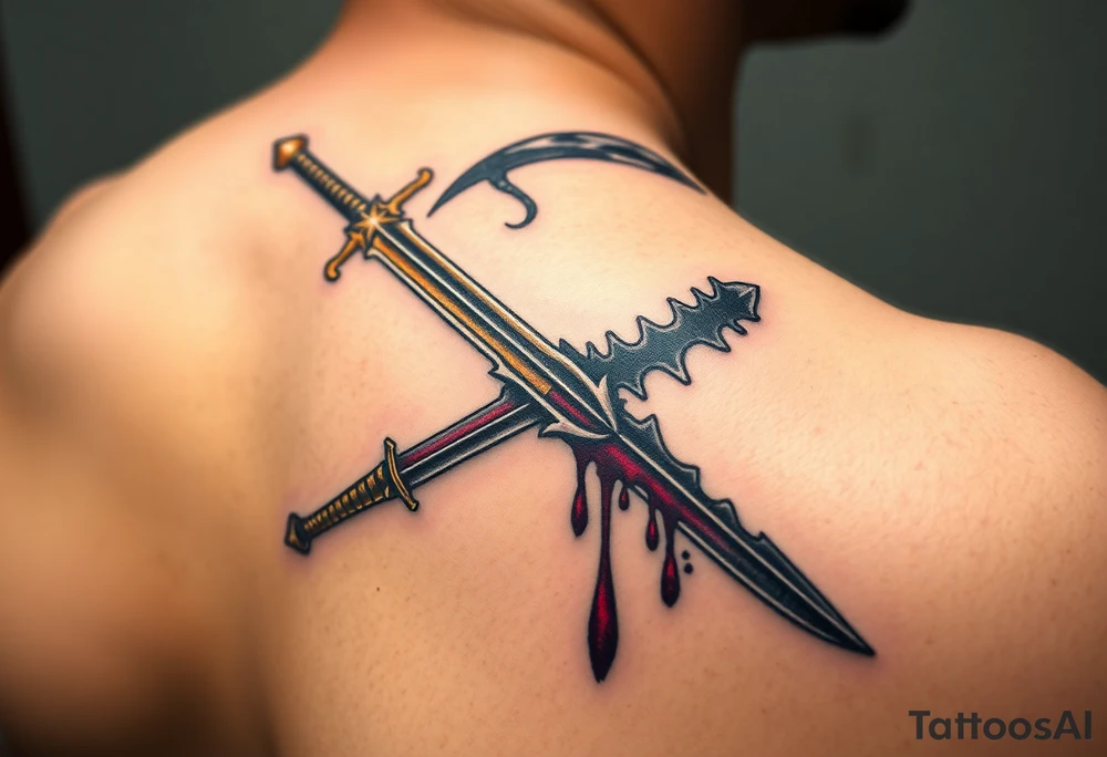 A brilliant sword with a golden hilt, sparkling with rays of light, clashing against a dark, menacing scythe, dripping with black mist and dark crimson blood, creating a dynamic contrast between hope and despair tattoo idea