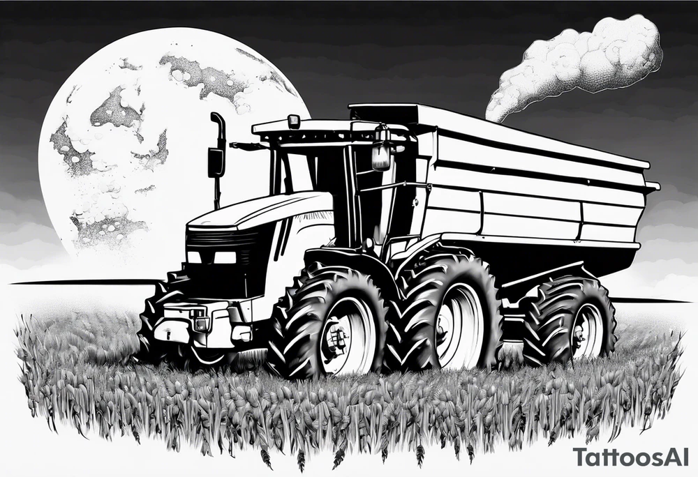 Grain tractor, canola field, grain mill, harvest moon, grain truck offloading grain into grain bins tattoo idea