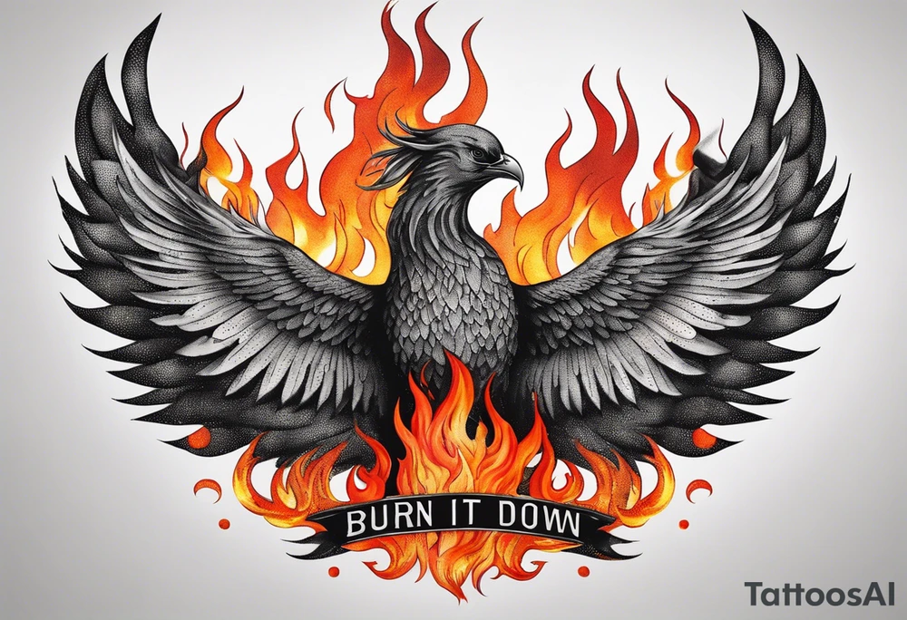 Bold text "BURN IT DOWN" engulfed with flames and smoke of a phoenix tattoo idea