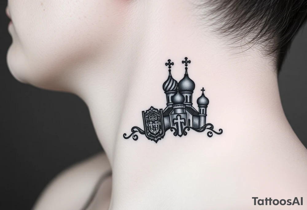 russian coat arms in a russian christian orthodox style virgin mary & orthodox dome church on the side of the neck tattoo idea