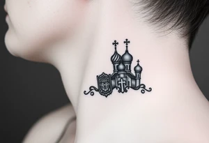 russian coat arms in a russian christian orthodox style virgin mary & orthodox dome church on the side of the neck tattoo idea