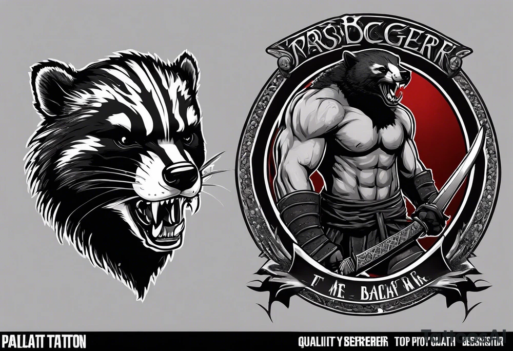Draw me psychopath Honey Badger/Berserker with aggressive full body, killer face with a scary smile, very long nails and he attacks like a Bloody Assassin/Warrior/Gladiator to us and also, he has very deadly looking. He fights with his nails. Everybody scares after their first sight. Give me horror type Badger Tattoo. I want to see his Realistic full body. tattoo idea