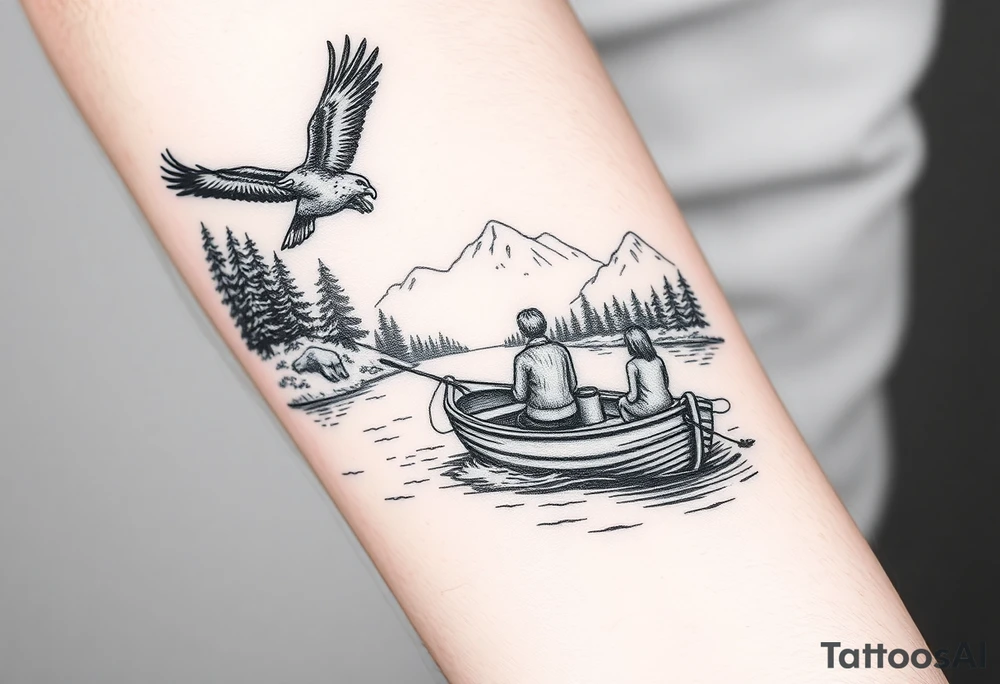 Northern river with evergreen along side river with a fishing boat with two with eagle flying in the sky and women and girl sitting on doc back facing tattoo idea