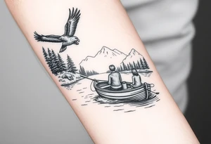 Northern river with evergreen along side river with a fishing boat with two with eagle flying in the sky and women and girl sitting on doc back facing tattoo idea