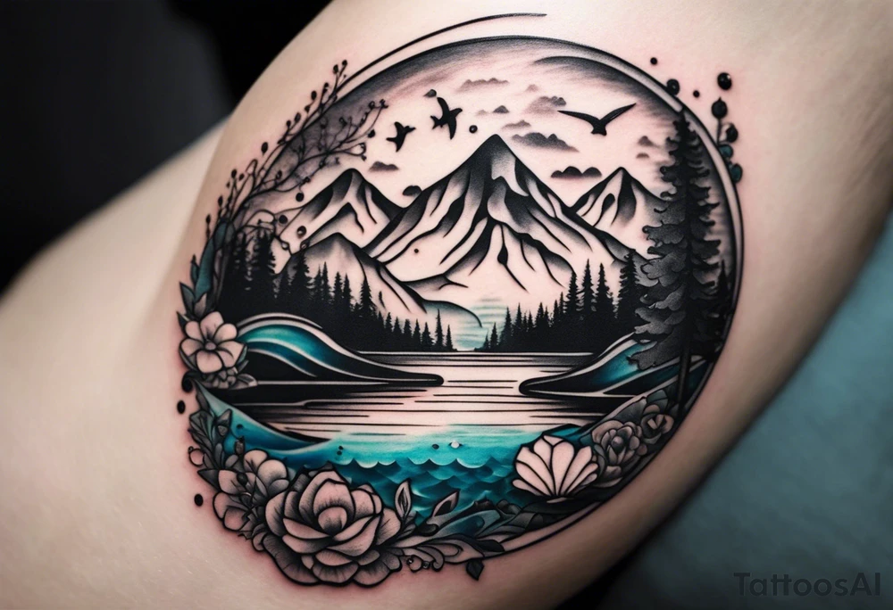 This is a minimalistic tattoo that is split into 2 sections; a top half and a bottom half. The top half is a mountain in Norway with a mountain bike trail winding down the mountain. The bottom half of the tattoo depicts an underwater scene featuring water, and sea life. tattoo idea