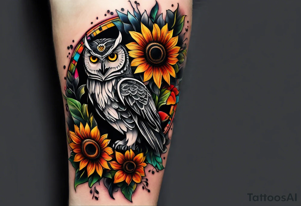 Arm sleeve with colorful sunflowers and an owl tattoo idea