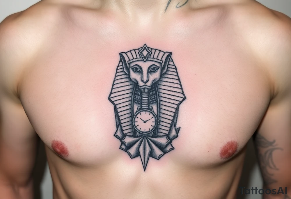 6. Esfinge descompuesta
Rostro de la Gran Esfinge, pero desmoronándose en bloques de piedra o arena flotante.

Puedes combinarlo con un reloj de arena dentro del pecho. tattoo idea