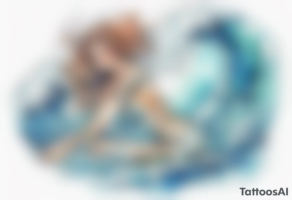 a tall transparent woman made of glass covered with water, sitting upon a wave tattoo idea