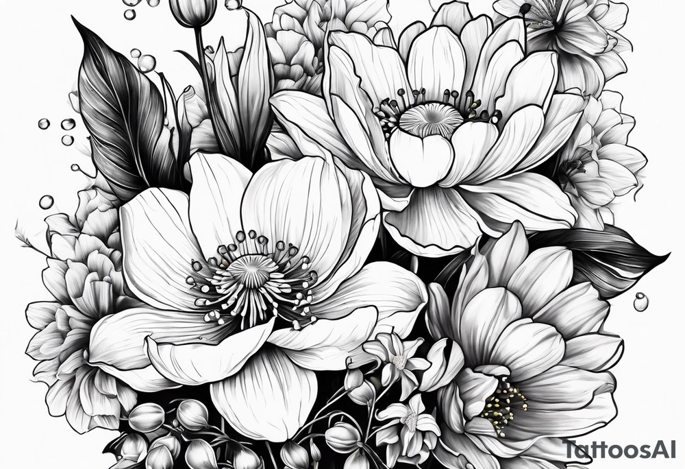 Poppy, water lily, Lily of the valley, daffodil, cosmo flower bouquet tattoo idea