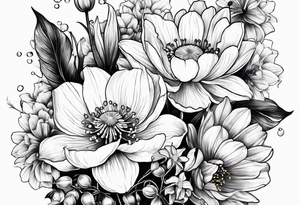Poppy, water lily, Lily of the valley, daffodil, cosmo flower bouquet tattoo idea